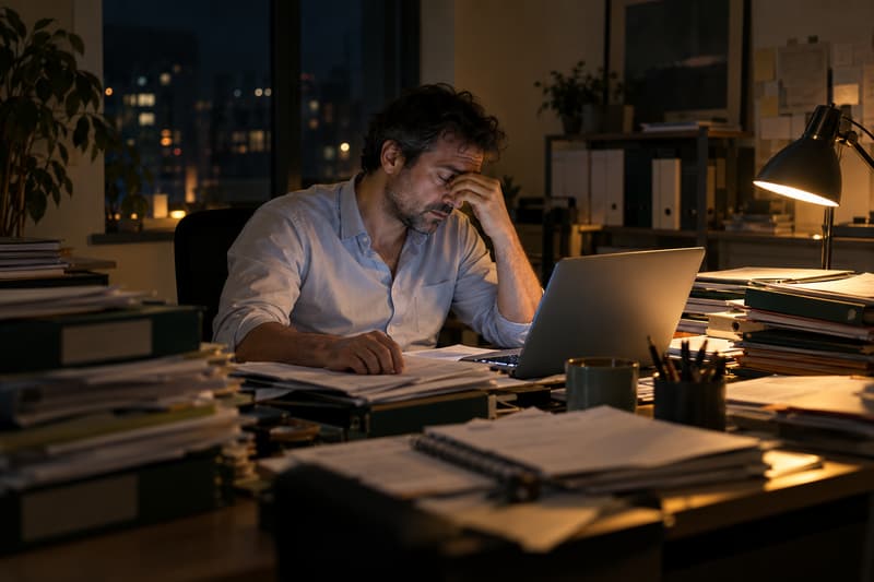 Un dirigeant, tard le soir, la main sur le front, devant son ordinateur et des piles de dossiers.