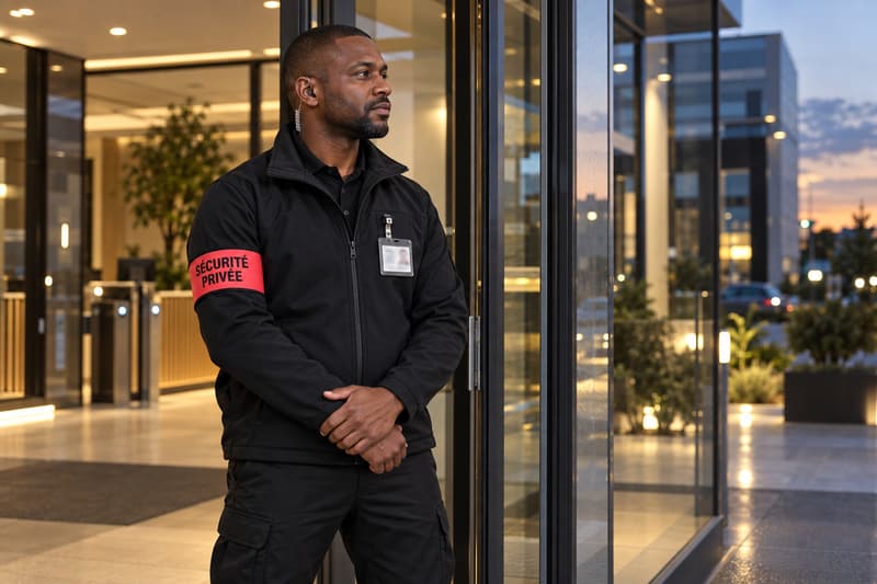 Agent de sécurité privée en poste à l’entrée d’un immeuble de bureaux